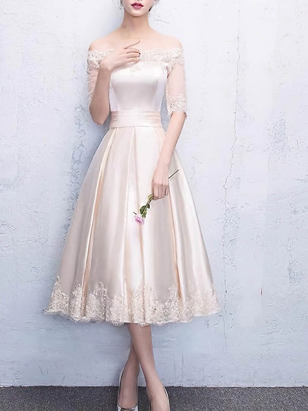 A-line Off-the-shoulder Tea-length Silk-like Satin Appliques Lace Bridesmaid Dresses #PDS01014221