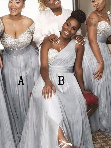 A-line One Shoulder Sweep Train Tulle Split Front Bridesmaid Dresses #PDS01014229