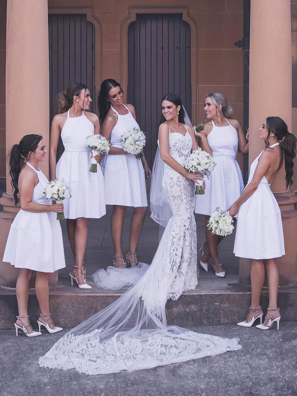 A-line Halter Knee-length Satin Bridesmaid Dresses #PDS01014230