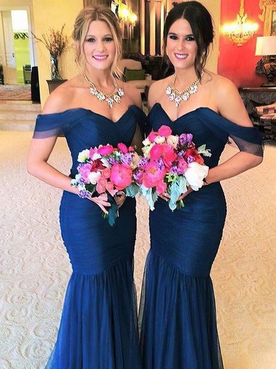Trumpet/Mermaid Off-the-shoulder Sweep Train Tulle Ruffles Bridesmaid Dresses #PDS01014231