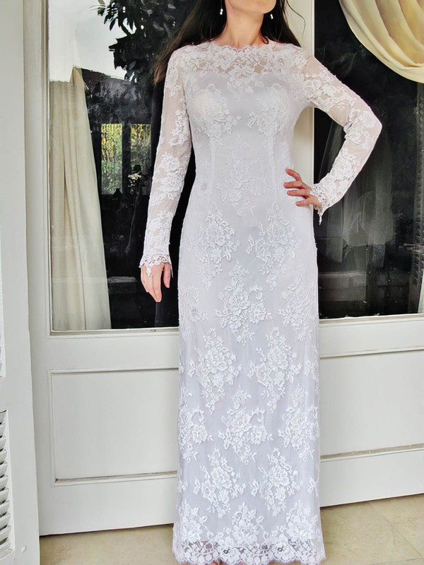 Nicest Long Sleeve Sheath/Column White Lace Draped Scoop Neck Wedding Dress #PDS00020832
