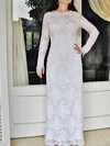 Nicest Long Sleeve Sheath/Column White Lace Draped Scoop Neck Wedding Dress #PDS00020832