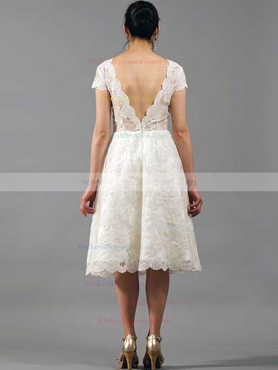 V-neck Short Sleeve Lace Draped Gorgeous Knee-length Wedding Dresses #PDS00020864