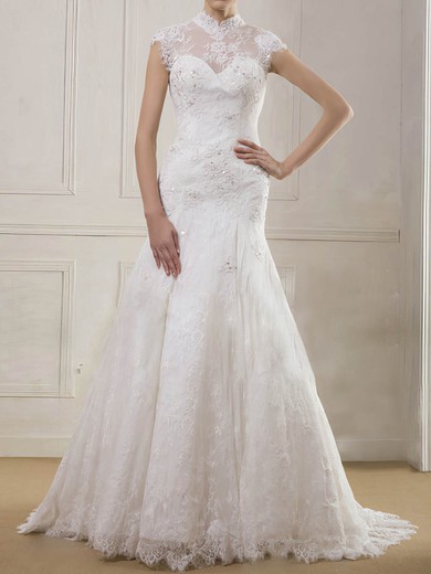 Inexpensive Open Back Lace Beading Trumpet/Mermaid High Neck Wedding Dress #PDS00020901
