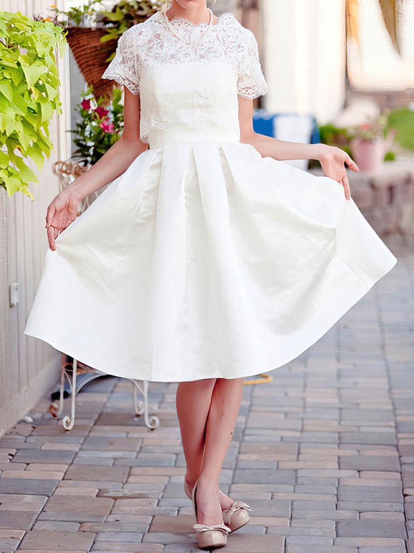 Ivory Short Sleeve Lace Satin Scalloped Neck with Pockets Knee-length Wedding Dress #PDS00020922
