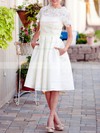 Ivory Short Sleeve Lace Satin Scalloped Neck with Pockets Knee-length Wedding Dress #PDS00020922