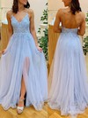 A-line V-neck Sweep Train Lace Tulle Beading Prom Dresses #PDS020107918