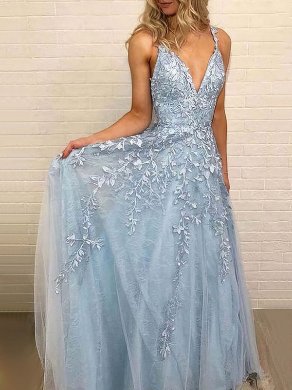 A-line V-neck Sweep Train Lace Tulle Appliques Lace Prom Dresses #PDS020107922