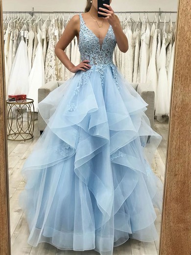 Ball Gown V-neck Sweep Train Organza Lace Beading Prom Dresses #PDS020107926