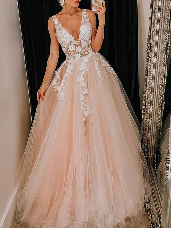 Ball Gown V-neck Sweep Train Lace Tulle Appliques Lace Prom Dresses #PDS020107930
