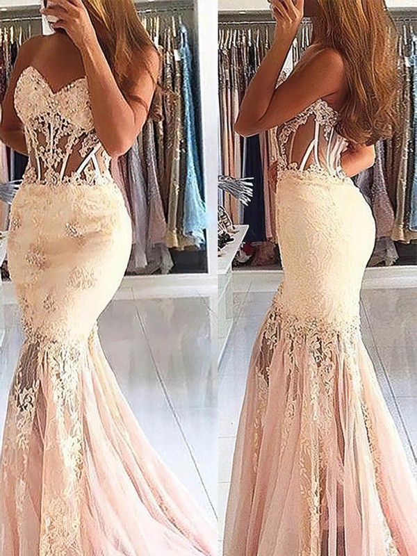 Trumpet/Mermaid Strapless Sweep Train Lace Tulle Beading Prom Dresses #PDS020107931