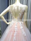 A-line V-neck Sweep Train Lace Tulle Appliques Lace Prom Dresses #PDS020107932