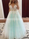 A-line V-neck Sweep Train Lace Tulle Appliques Lace Prom Dresses #PDS020107932