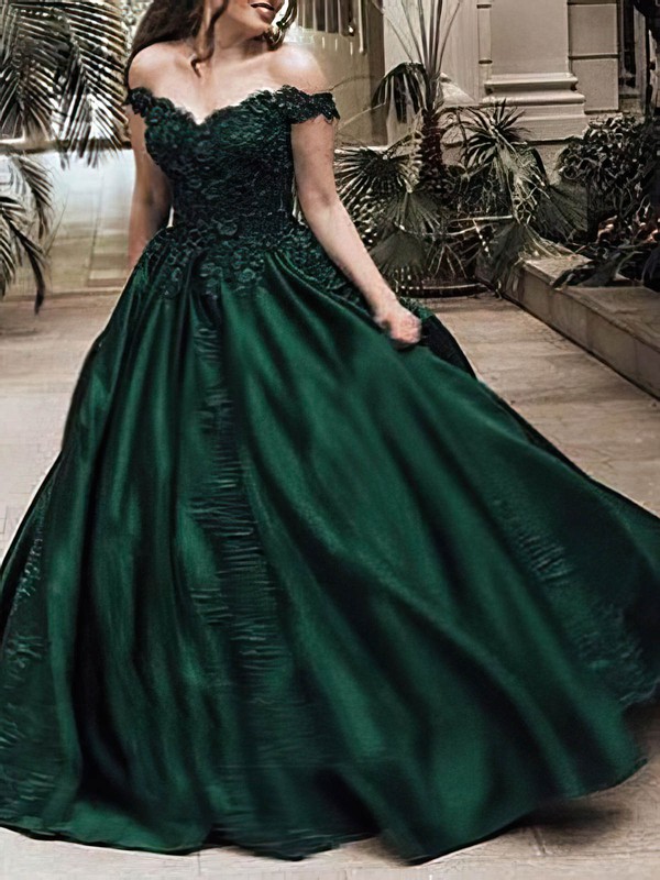 Ball Gown Off-the-shoulder Sweep Train Satin Beading Prom Dresses #PDS020107936