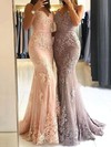 Trumpet/Mermaid V-neck Sweep Train Lace Tulle Appliques Lace Prom Dresses #PDS020107937