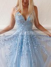 A-line V-neck Sweep Train Tulle Lace Appliques Lace Prom Dresses #PDS020107939