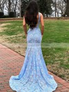 Trumpet/Mermaid V-neck Sweep Train Lace Appliques Lace Prom Dresses #PDS020107940