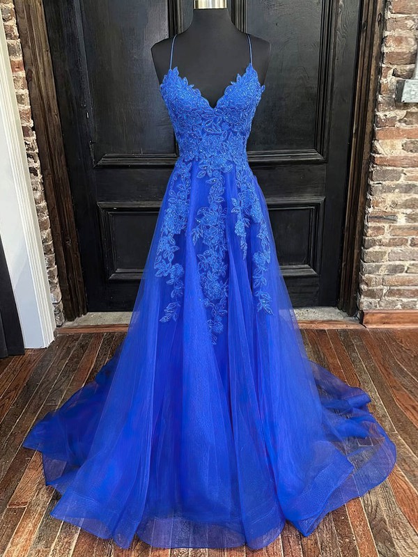 A-line V-neck Sweep Train Tulle Lace Beading Prom Dresses #PDS020107943