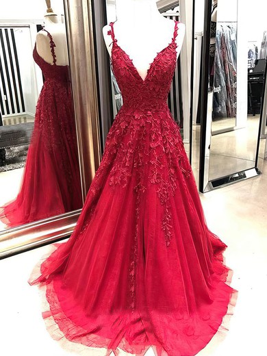 A-line V-neck Sweep Train Lace Tulle Appliques Lace Prom Dresses #PDS020107949