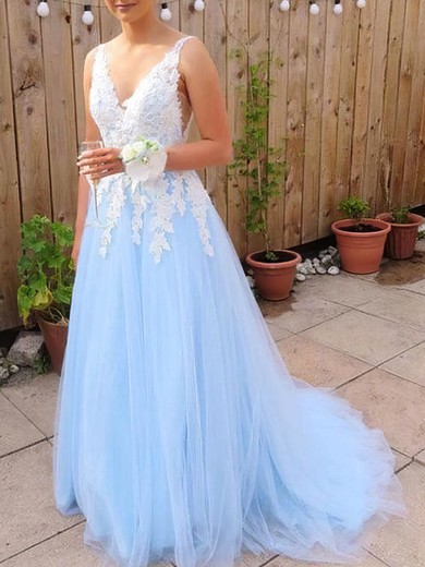 A-line V-neck Sweep Train Lace Tulle Appliques Lace Prom Dresses #PDS020107955