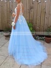 A-line V-neck Sweep Train Lace Tulle Appliques Lace Prom Dresses #PDS020107955