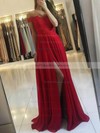 A-line Off-the-shoulder Sweep Train Lace Chiffon Beading Prom Dresses #PDS020107956