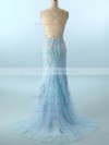 Trumpet/Mermaid Square Neckline Sweep Train Tulle Beading Prom Dresses #PDS020107957