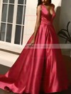 Satin V-neck Ball Gown/Princess Sweep Train Bow Prom Dresses #PDS020107961