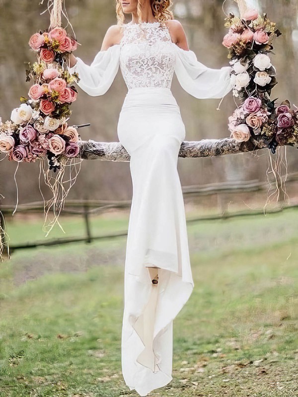 Trumpet/Mermaid Square Neckline Sweep Train Lace Chiffon Wedding Dresses #PDS00024591