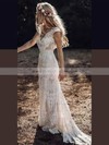 Sheath/Column V-neck Sweep Train Lace Wedding Dresses #PDS00024593