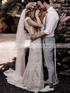 Sheath/Column V-neck Sweep Train Lace Wedding Dresses #PDS00024593
