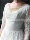 Scoop Neck 3/4 Sleeve Pearl Detailing Tea-length White Lace Wedding Dress #PDS00020958