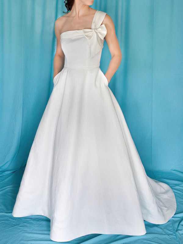 Coolest One Shoulder White Satin with Bow Sweep Train Wedding Dress #PDS00020959