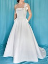 Coolest One Shoulder White Satin with Bow Sweep Train Wedding Dress #PDS00020959