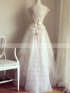 A-line White V-neck Tulle Lace with Sashes/Ribbons Cap Straps Wedding Dresses #PDS00020993
