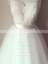 A-line White V-neck Tulle Lace with Sashes/Ribbons Cap Straps Wedding Dresses #PDS00020993