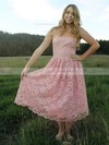 Lace A-line Strapless Tea-length Ruffles Bridesmaid Dresses #PDS02017787