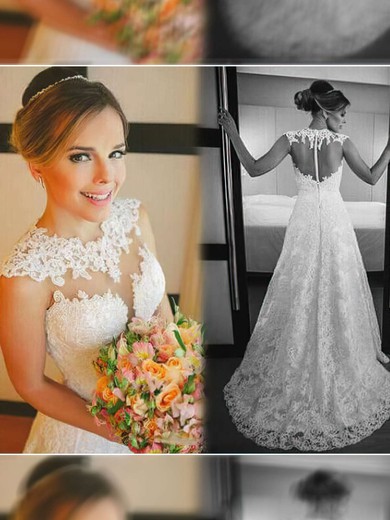 White Lace Tulle Scoop Neck Appliques Lace Court Train Gorgeous Wedding Dress #PDS00021498