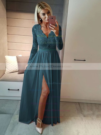 Buy Canada A-line V-neck Floor-length Chiffon Tulle Appliques Lace Prom ...